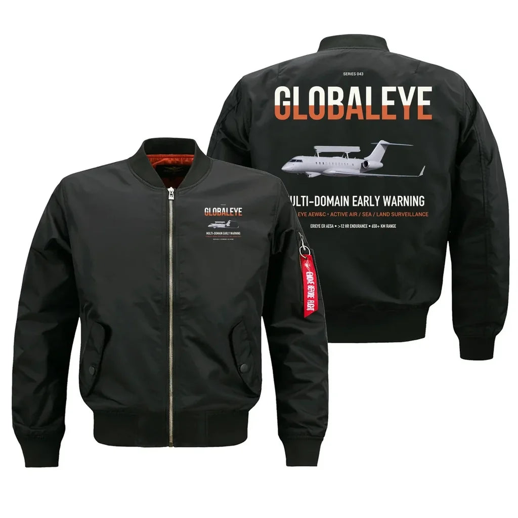 Saab GlobalEye design on black bomber jacket, double-side print