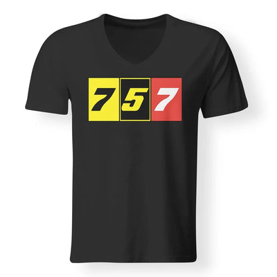 Flat Colourful 757 aviation design printed on soft cotton V-neck T-shirt.