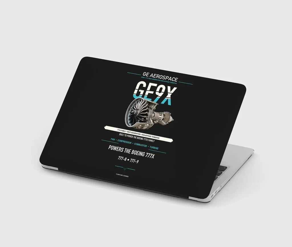 GE9X design on black MacBook case