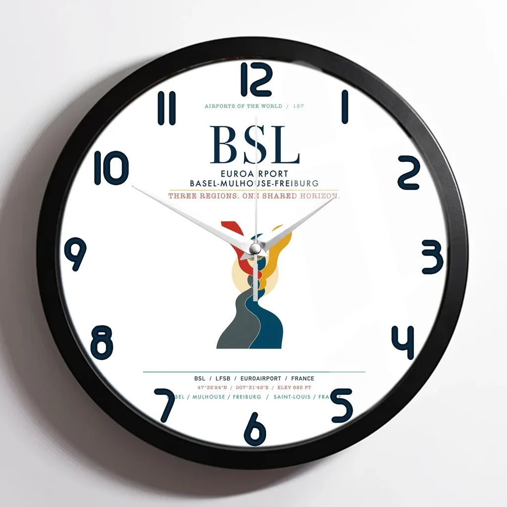 EuroAirport Basel-Mulhouse-Freiburg (BSL) design on white framed wall clock