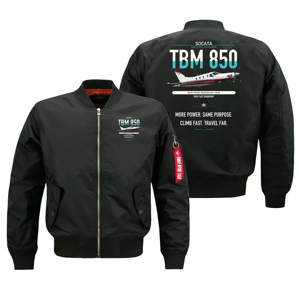 Socata TBM 850 design on black bomber jacket, double-side print