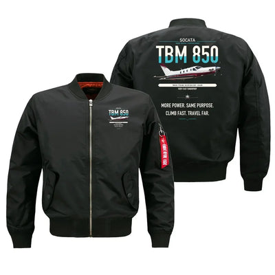 Socata TBM 850 design on black bomber jacket, double-side print