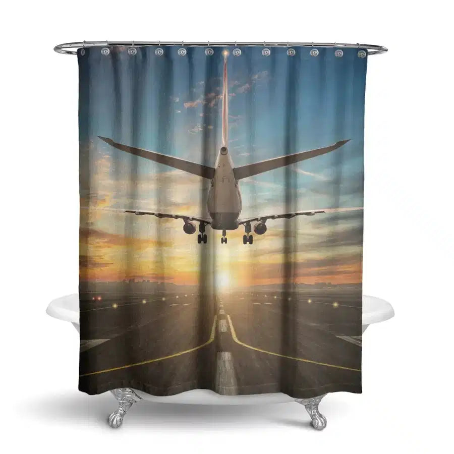 Airplane over Runway Towards the Sunrise aviation design on waterproof polyester shower curtain.