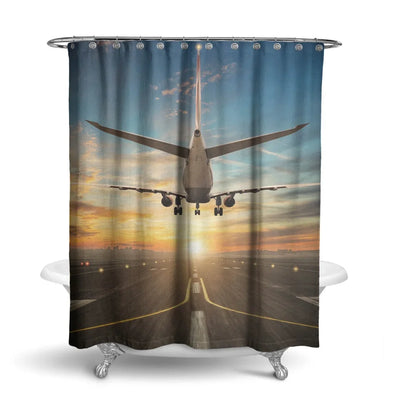 Airplane over Runway Towards the Sunrise aviation design on waterproof polyester shower curtain.