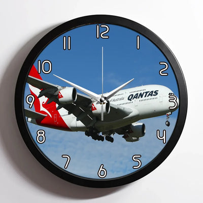 Landing Qantas Airlines A380 aviation design on premium wood and metal wall clock.