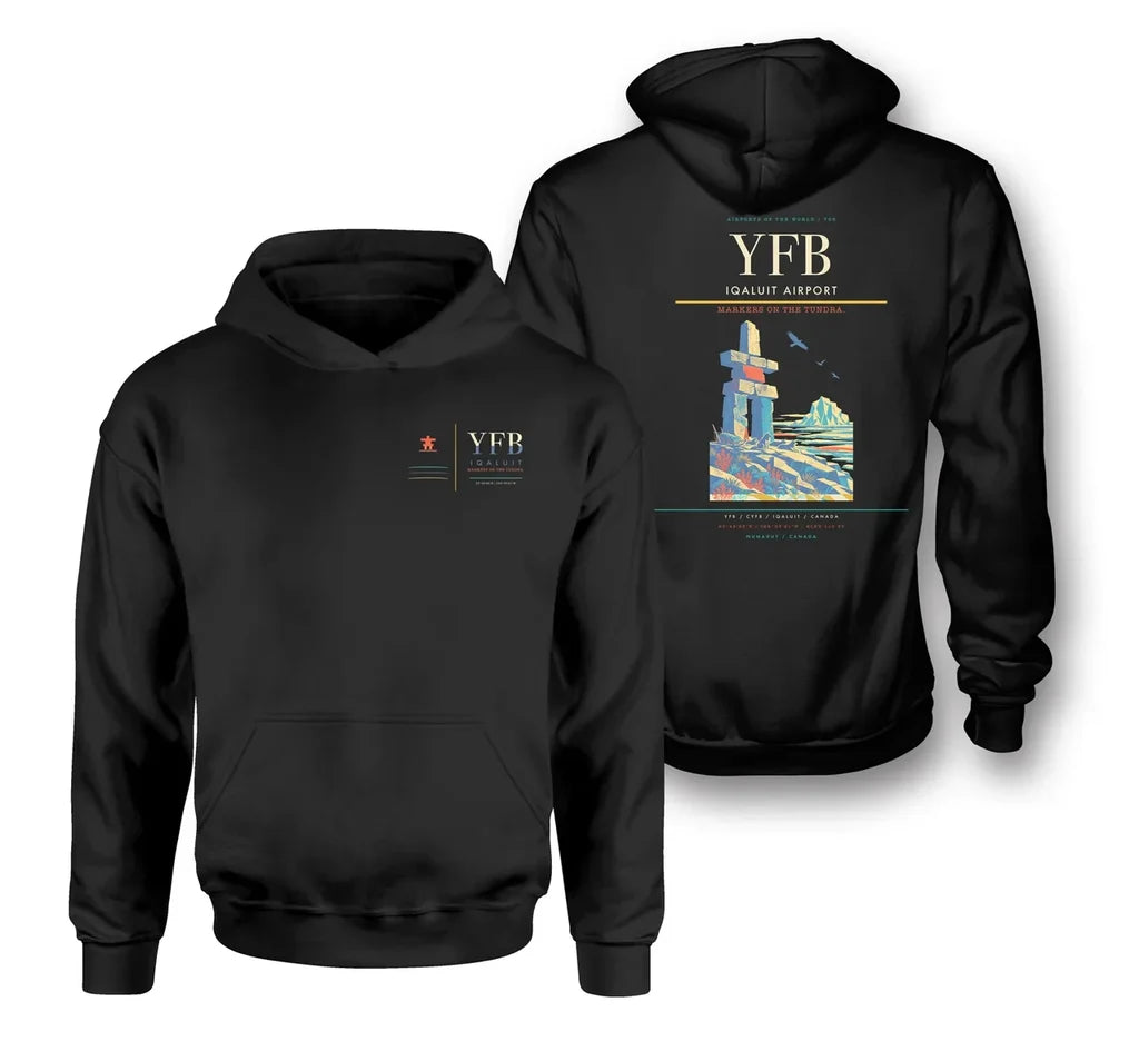 Iqaluit Airport (YFB) design on black double-side hoodie