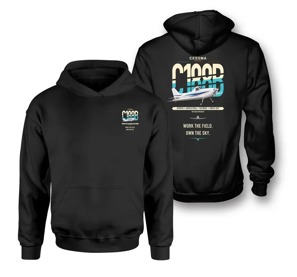 Cessna A188B AgTruck design on black double-side hoodie, double-side print