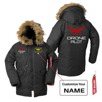 Thumbnail for Drone aviation design printed on heavyweight shell with hooded warmth parka bomber.