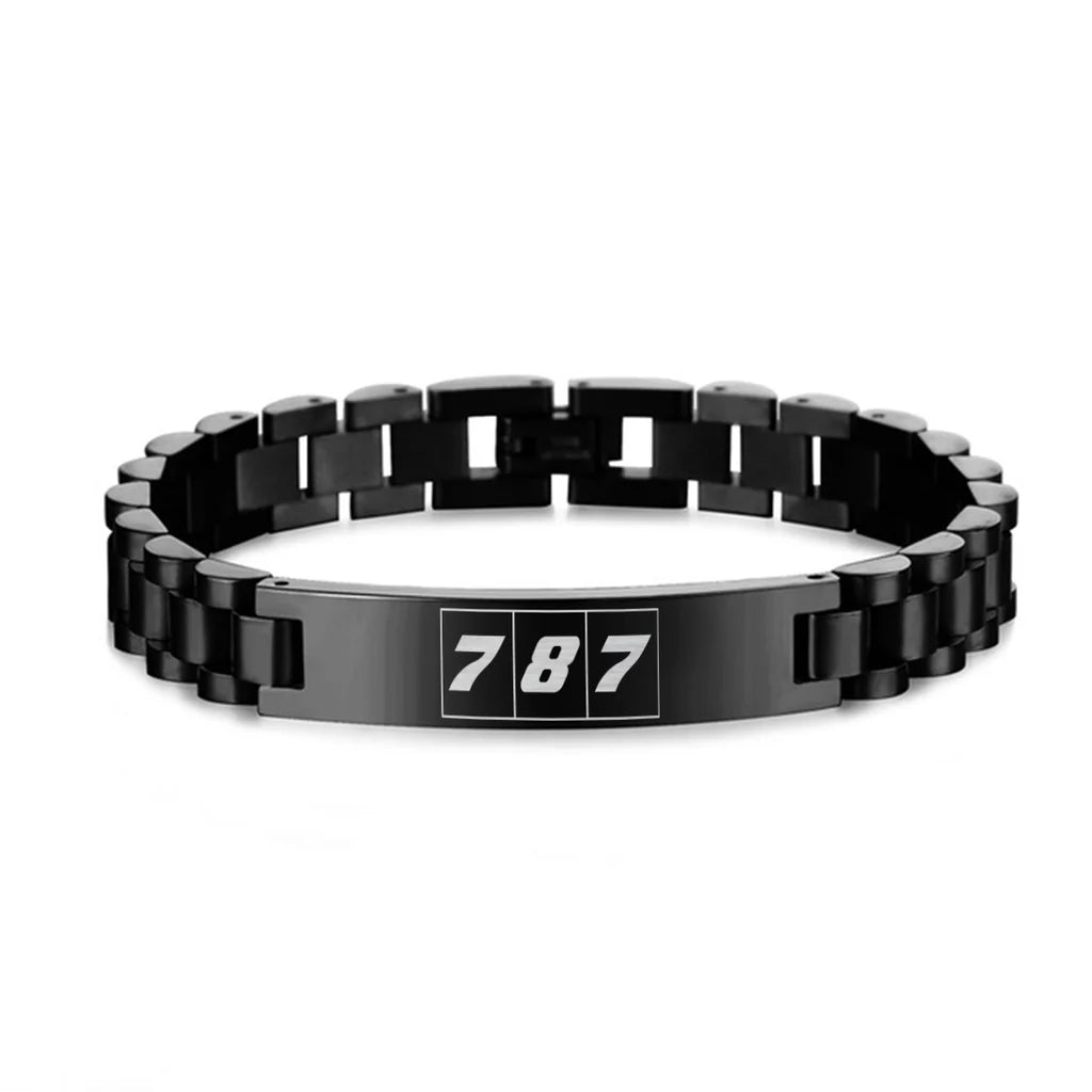 Side view of Flat Colourful 787 aviation chain bracelet in stainless steel, polished finish.