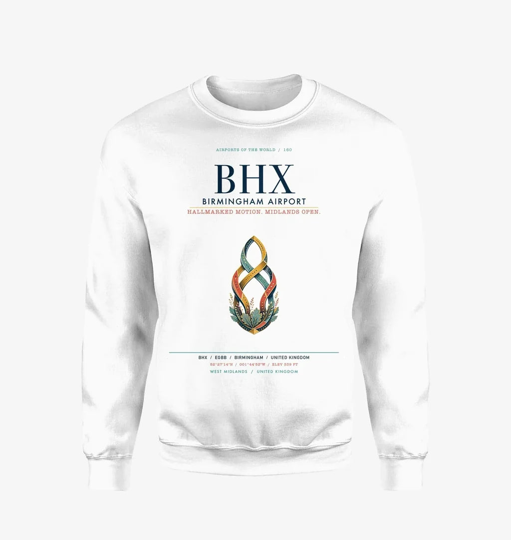 Birmingham Airport (BHX) design on white sweatshirt