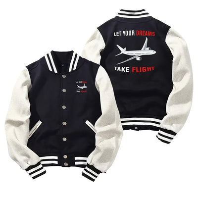 Let Your Dreams Take Flight Baseball Style aviation design printed on two-tone shell with ribbed cuffs baseball jacket.