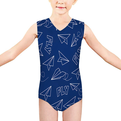 Paper Airplane & Fly (Blue) aviation print on kids quick-dry fabric swimsuit.
