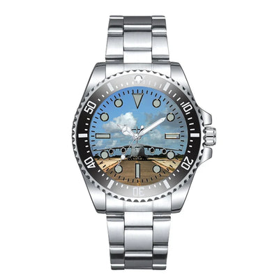Side view of Face to Face with Military Cargo Airplane Luxury Aviators aviation aviator watch in premium stainless steel, pol.