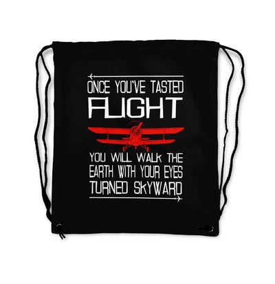 Once You've Tasted Flight aviation print drawstring bag, lightweight polyester.