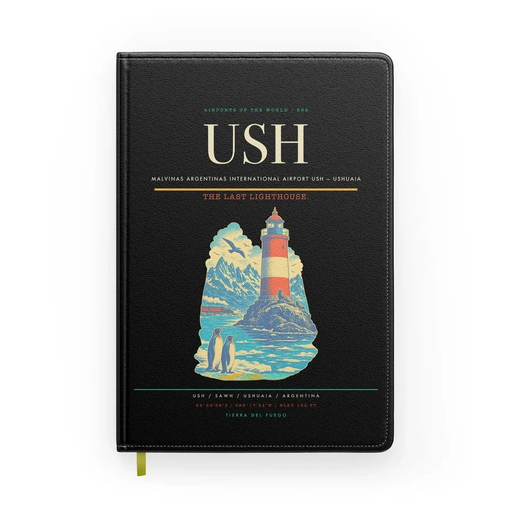 Malvinas Argentinas International Airport (USH) design on black notebook