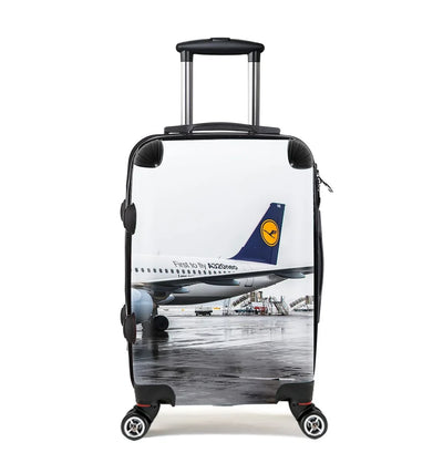 Lufthansa's A320 Neo Cabin Size aviation print luggage, durable shell.