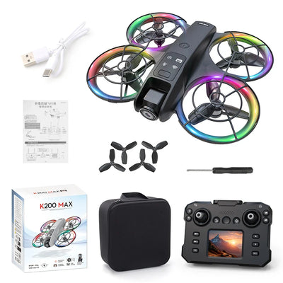 Side view of K200 Brushless Drone: Screen Remote, Optical Flow Positioning & Colorful LED Full-Protection Quadcopter aviation.