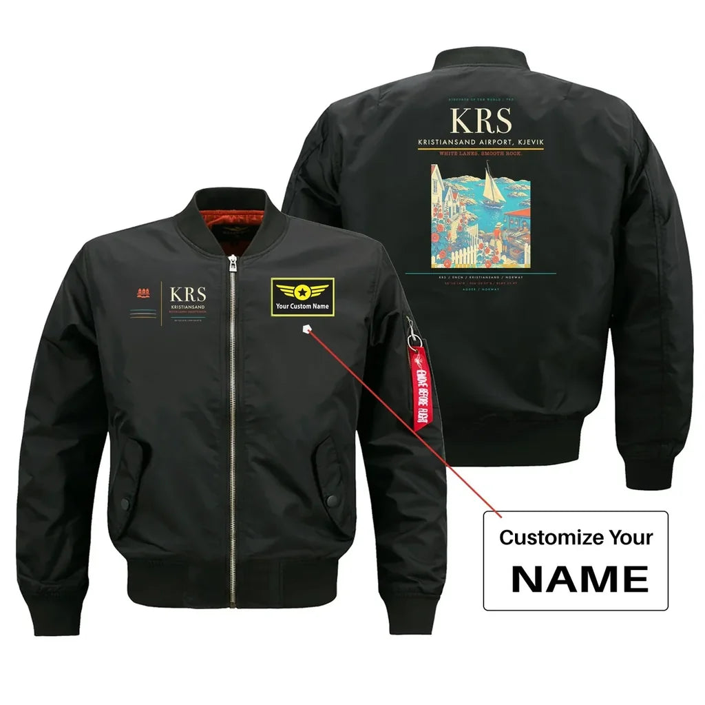 Kristiansand Airport, Kjevik (KRS) design on black bomber jacket with custom name patch