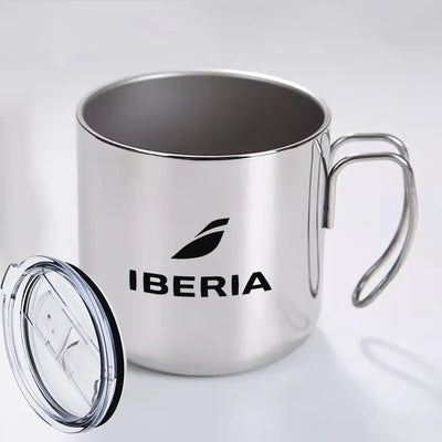 Iberia Airlines aviation design on portable mug, vacuum-insulated double-wall.