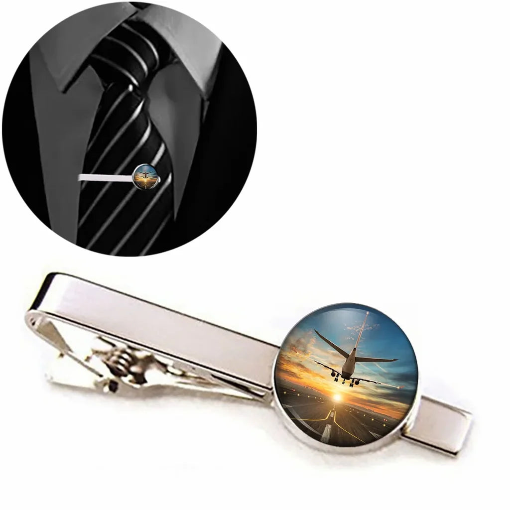 Side view of Airplane over Runway Towards the Sunrise aviation tie clip in stainless steel, polished finish.