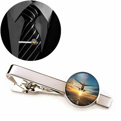 Side view of Airplane over Runway Towards the Sunrise aviation tie clip in stainless steel, polished finish.