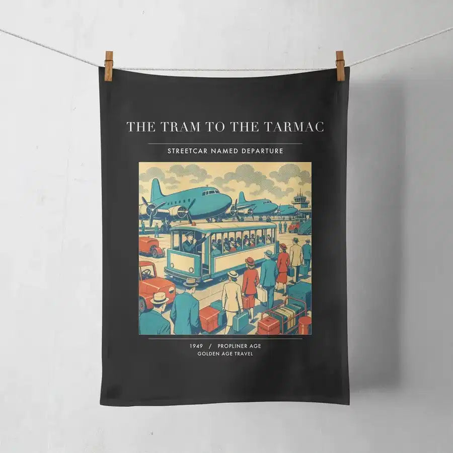 VINTAGE G4372 - The Tram To The Tarmac - Designed Towels design on black