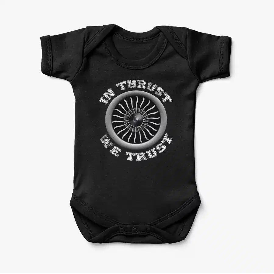 In Thrust We Trust (Vol 2) aviation print on kids gentle cotton bodysuit.