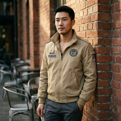 Aviation pilot jacket worn on model — editorial