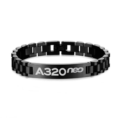Side view of A320neo & Text aviation chain bracelet in stainless steel, polished finish.