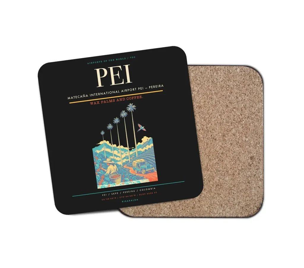 Matecaña International Airport (PEI) design on black 1 piece coaster