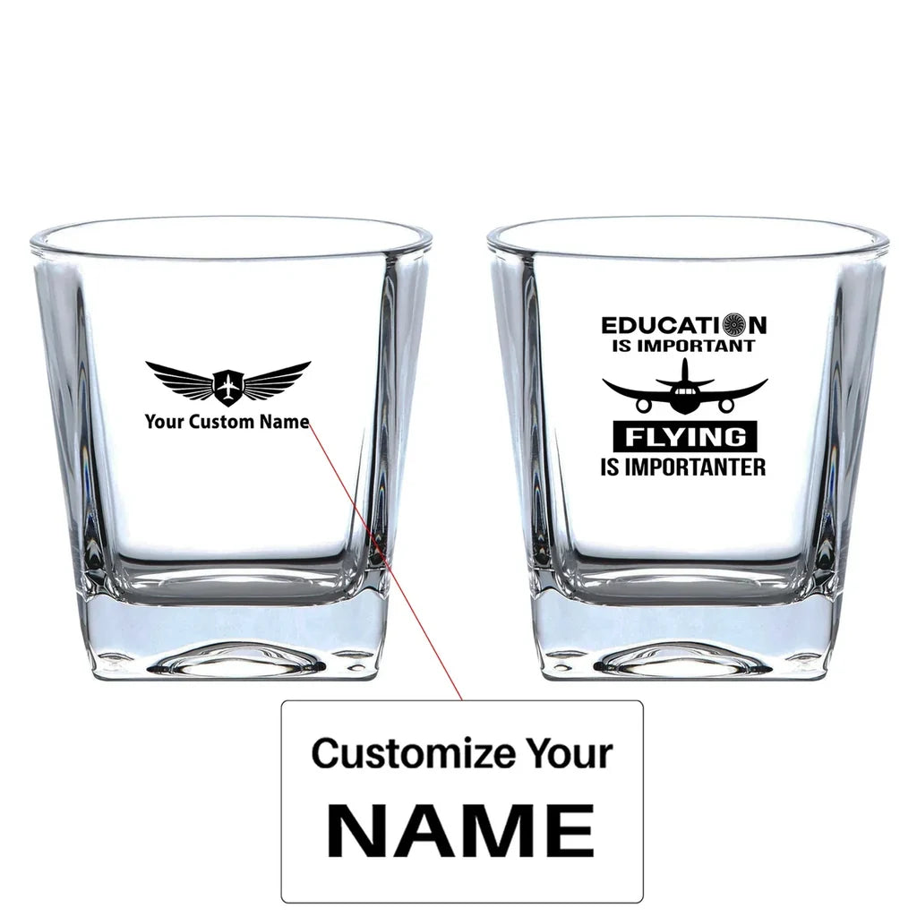 Flying is Importanter aviation design on whiskey glass, crystal-clear premium glassware.
