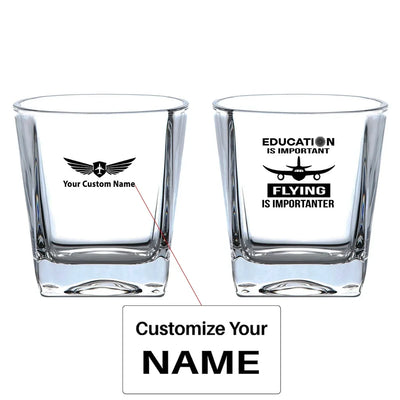 Flying is Importanter aviation design on whiskey glass, crystal-clear premium glassware.