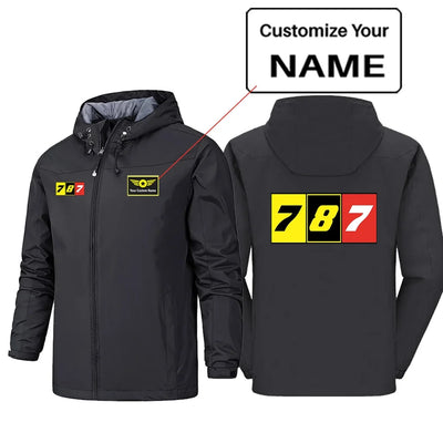 Flat Colourful 787 Rain Jackets & Windbreakers aviation design printed on waterproof shell with sealed seams rain jacket.