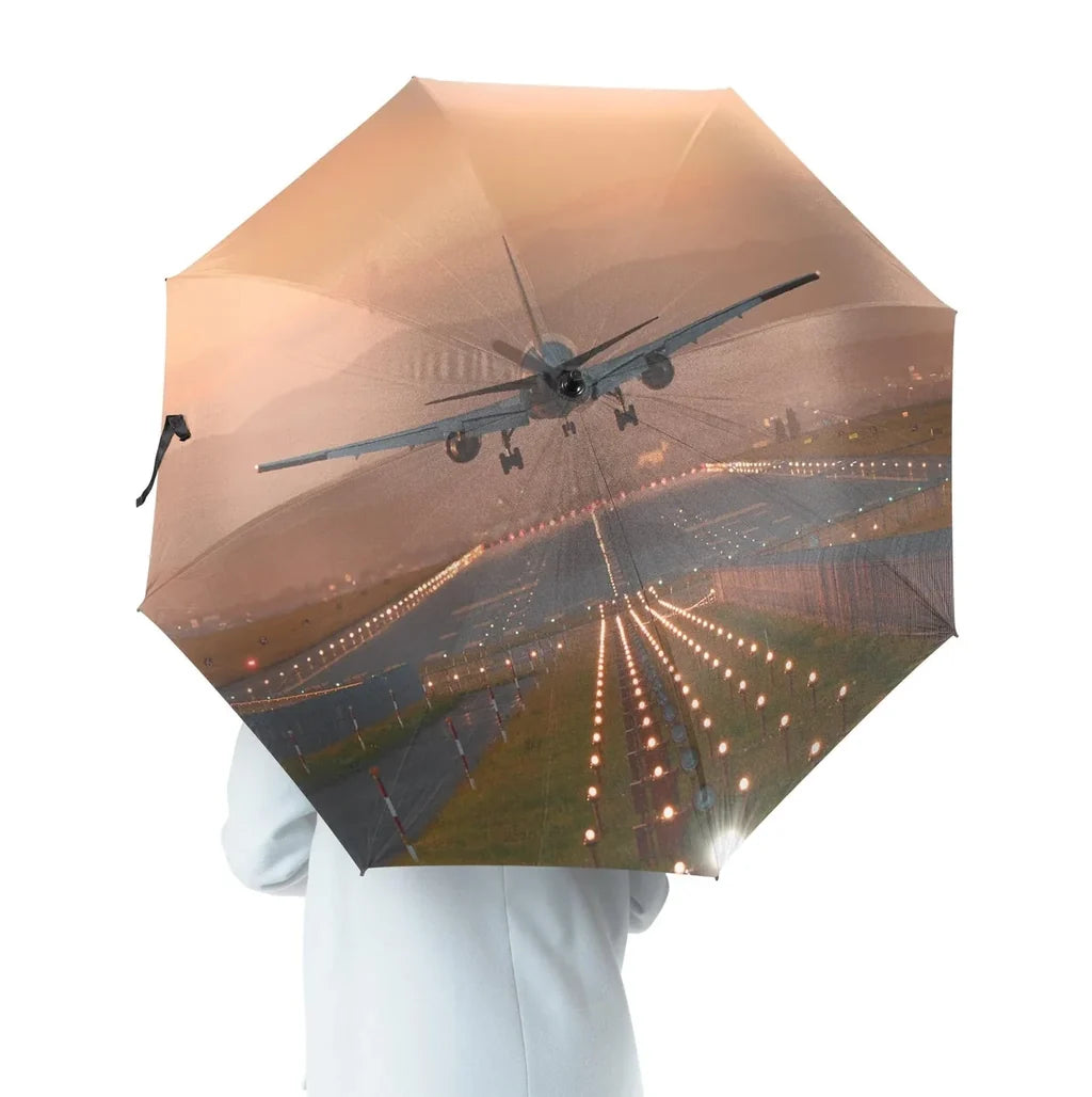 Super Cool Landing During Sunset aviation design on windproof polyester umbrella.