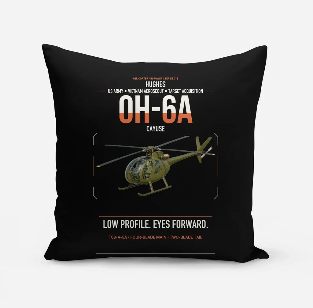 Hughes OH-6A Cayuse design on black pillow