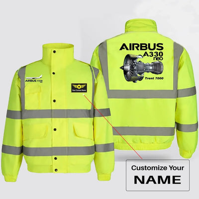 The Airbus A330neo aviation design printed on insulated shell with high-visibility reflective panels reflective winter jacket.