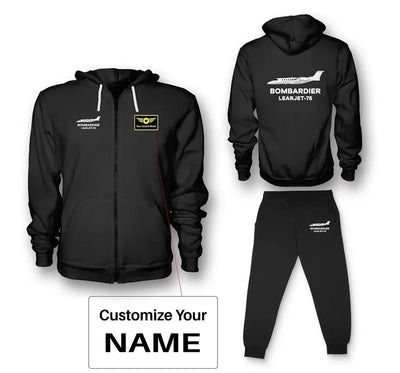 The Bombardier Learjet 75 aviation design on soft cotton blend zipped hoodie and sweatpants set.