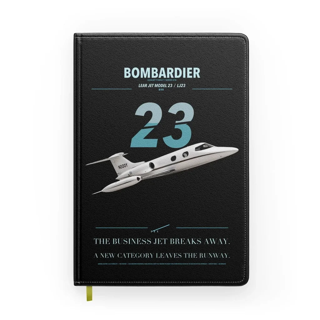 Bombardier Learjet 23 design on black notebook