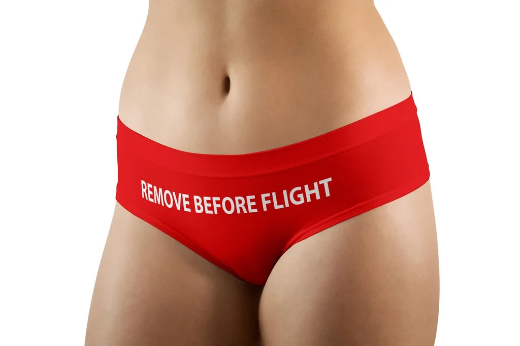 REMOVE BEFORE FLIGHT (Red) aviation design on soft cotton blend women's panties.