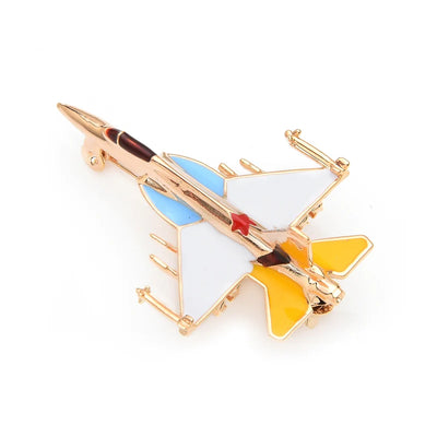 Side view of Colourful Fighting Falcon F-16 aviation brooch in polished alloy, polished finish.