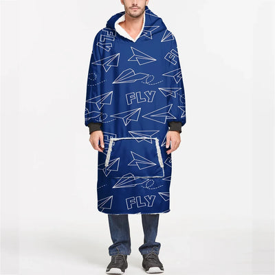 Paper Airplane & Fly (Blue) aviation design on soft fleece blanket hoodie.
