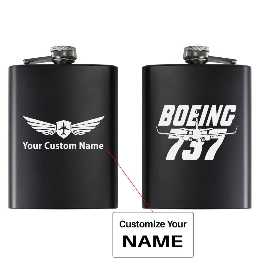 Amazing Boeing 737 aviation design on stainless hip flask, compact pocket-size flask.
