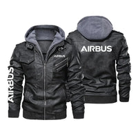 Thumbnail for Airbus & Text aviation design printed on genuine leather with detachable hood hooded leather jacket.