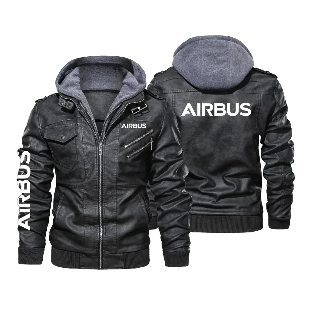Airbus & Text aviation design printed on genuine leather with detachable hood hooded leather jacket.