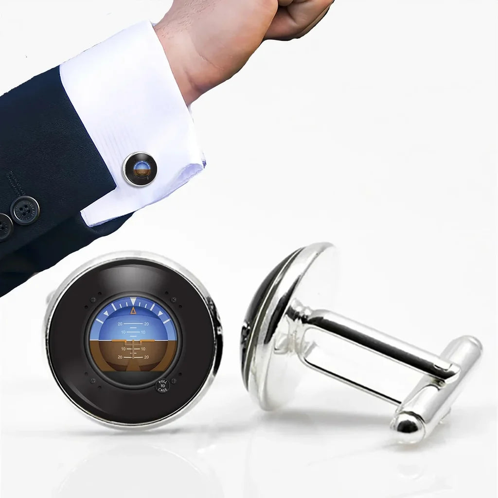 Airplane Instruments-Gyro Horizon aviation cuff links, polished metal body with engraved detail.