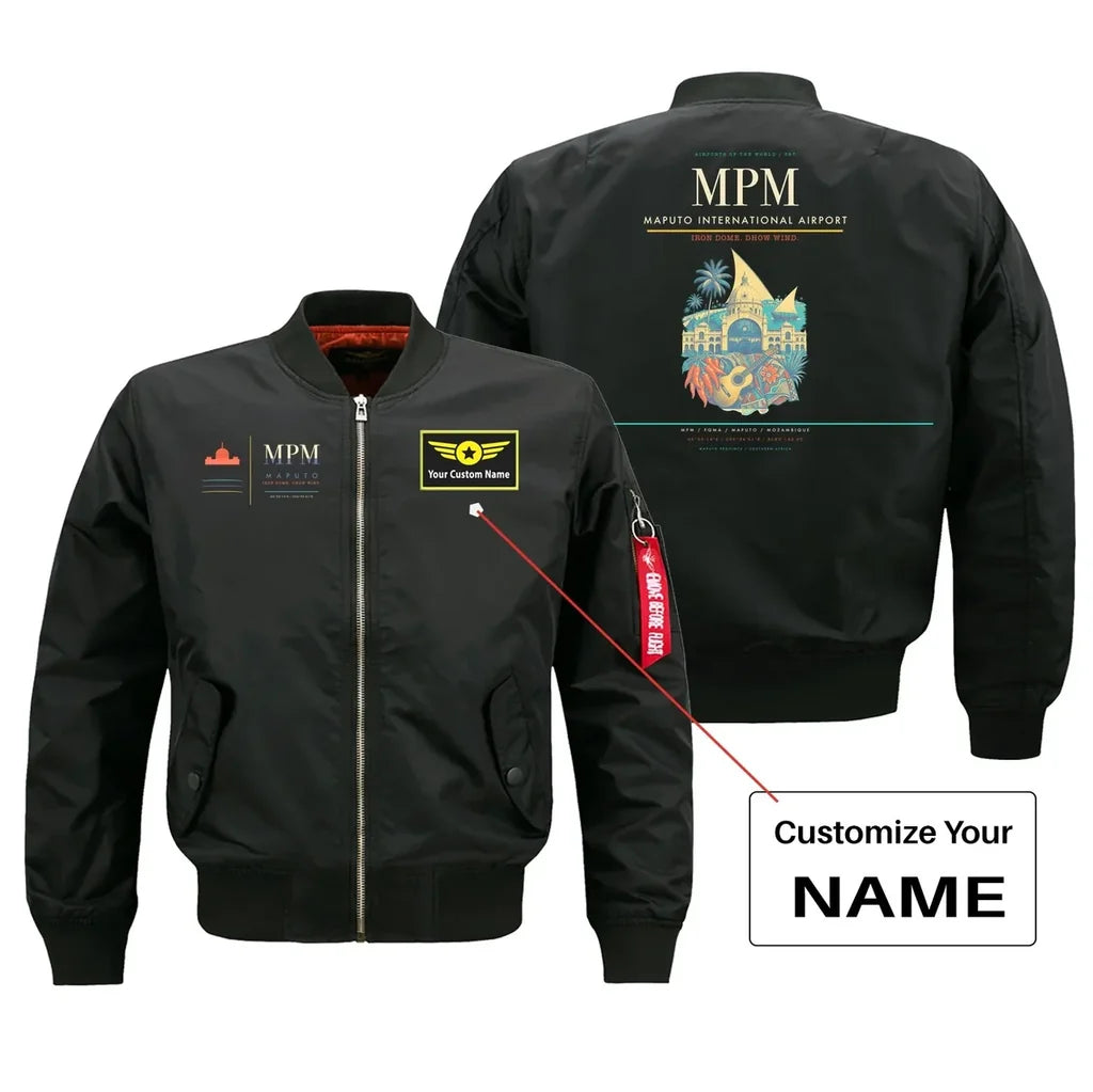 Maputo International Airport (MPM) design on black bomber jacket with custom name patch
