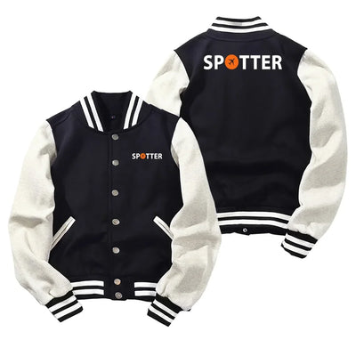 Spotter Baseball Style aviation design printed on two-tone shell with ribbed cuffs baseball jacket.