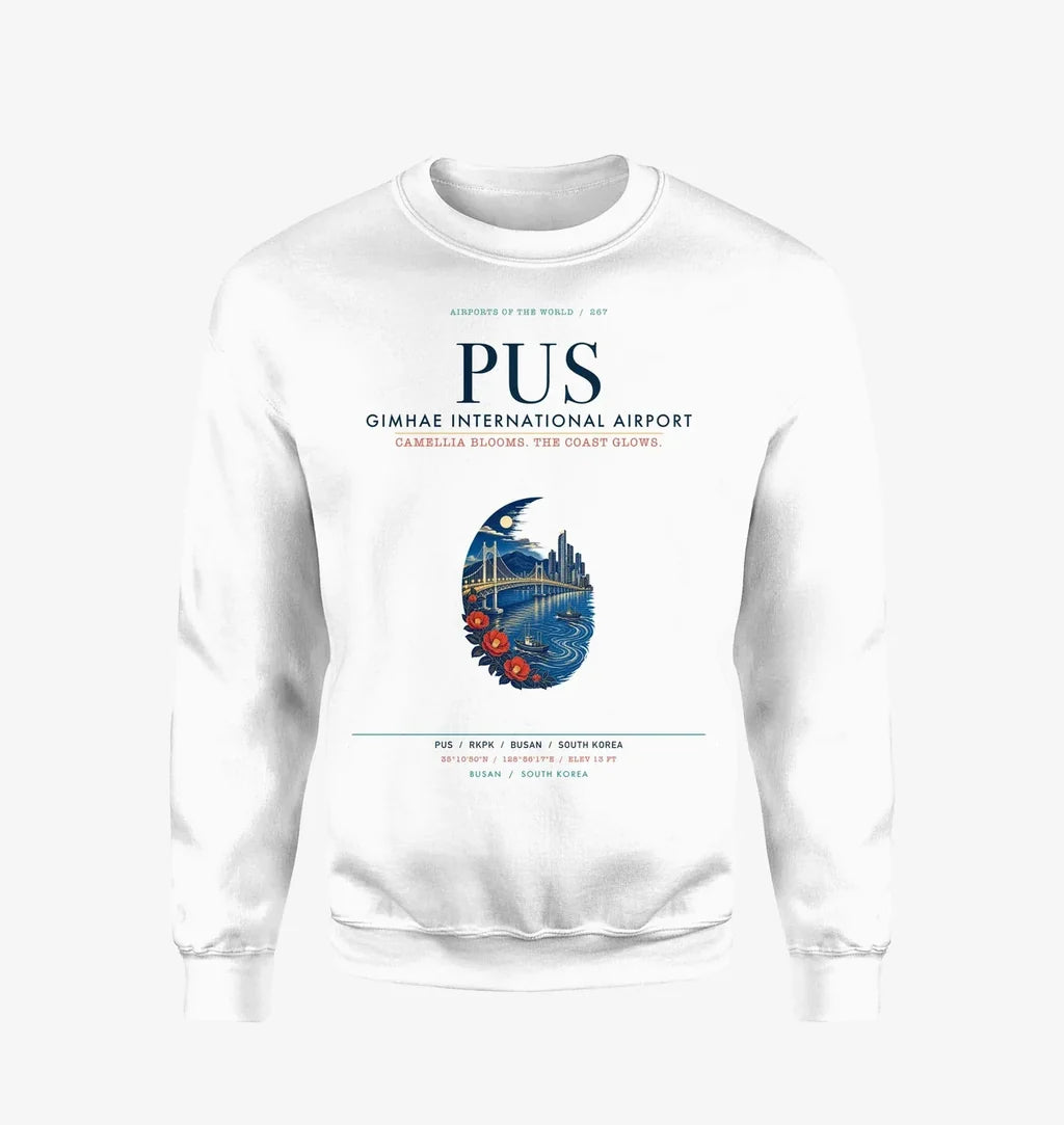 Gimhae International Airport Busan (PUS) design on white sweatshirt