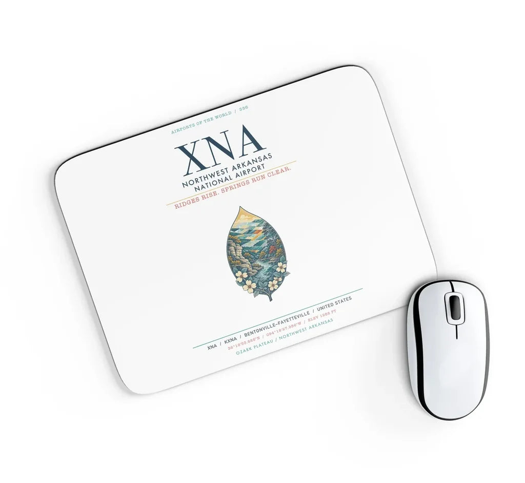 Northwest Arkansas National Airport (XNA) design on white rectangle mouse pad