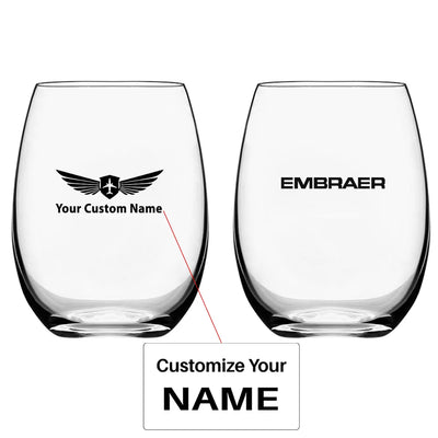 Embraer & Text Water & Drink aviation design on water glass, crystal-clear premium glassware.